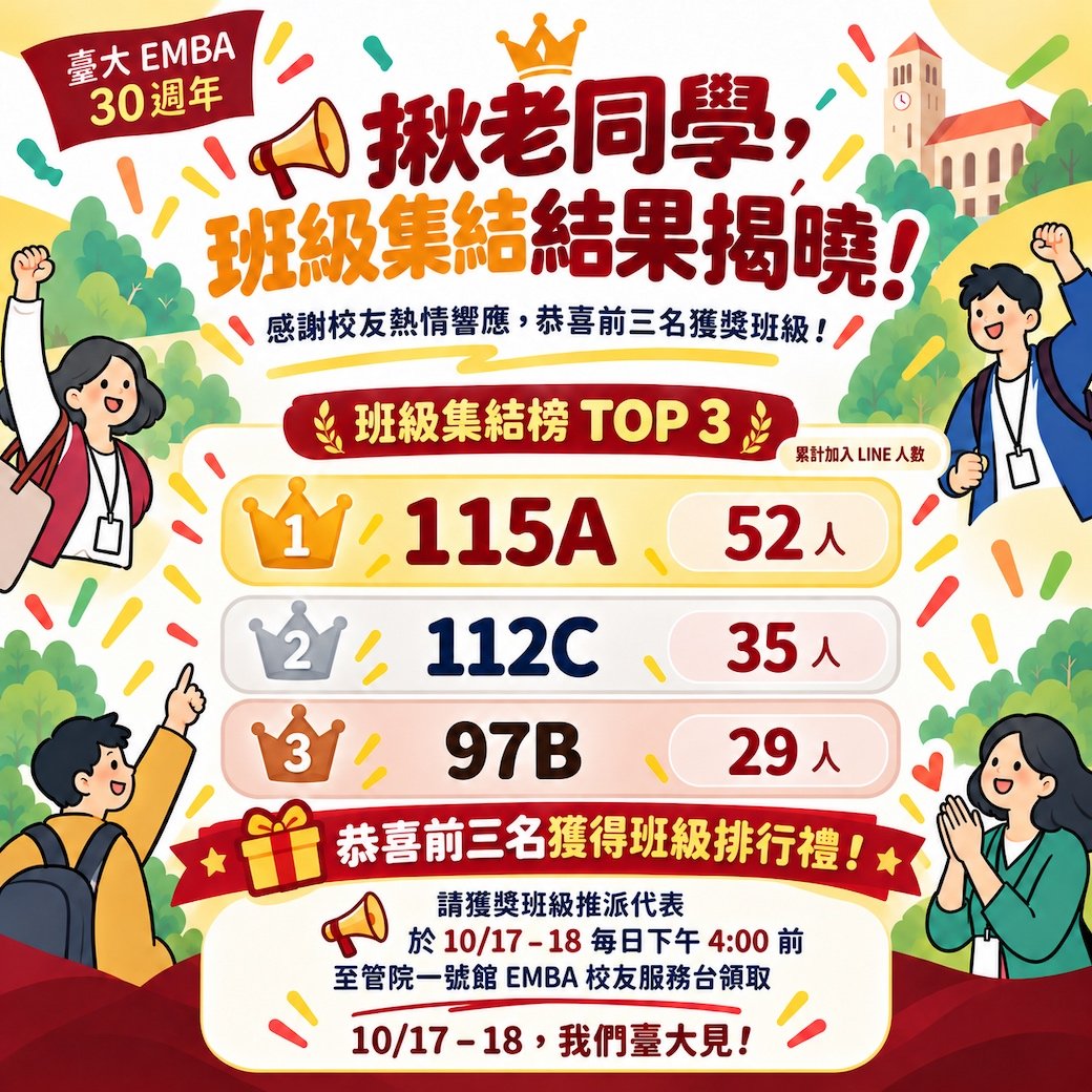 🎉 臺大 EMBA 30 週年｜班級集結榜正式揭曉！